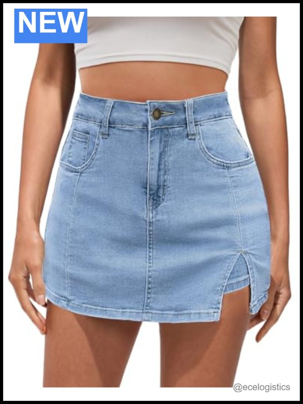 High Waisted Denim Skort with Slit and Pockets